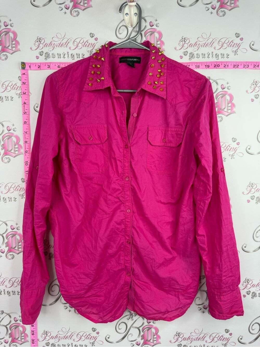 Candy couture shirt studded 3D spike Hot Pink Studded Collar Button-Down Shirt